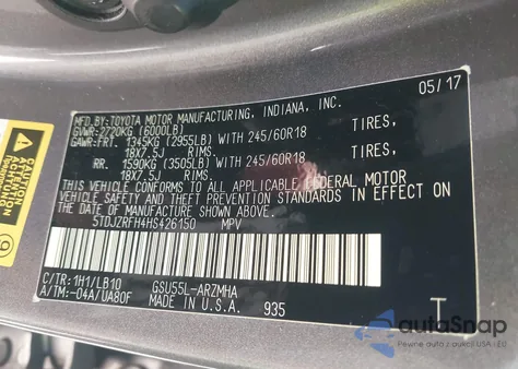 2017 Toyota Highlander Xle z USA, uszkodzony, nr VIN 5TDJZRFH4HS426150